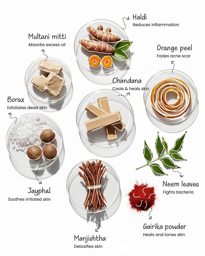 Illustration of various natural ingredients used in Yesterday Anti Acne Face Pack with their skin care benefits