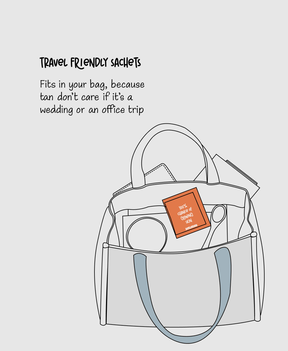 Illustration of a Detan Face Mask Sachet in a Bag Signifying Travel Friendly Sachet
