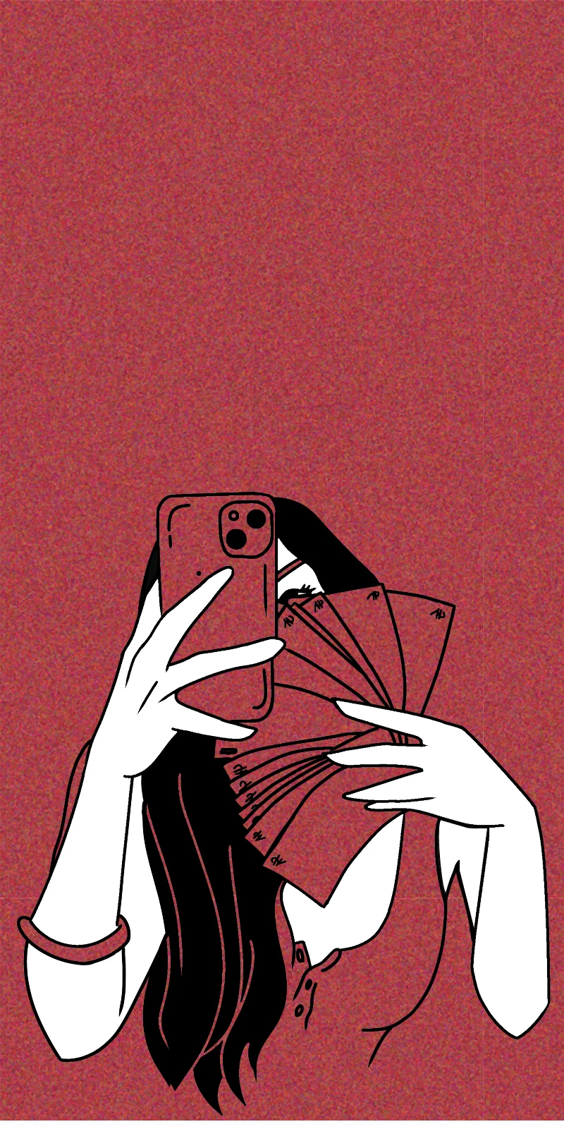 Rewards Page Mobile Background Showing A Women Taking Selfie from One Hand And Holding Money in Other