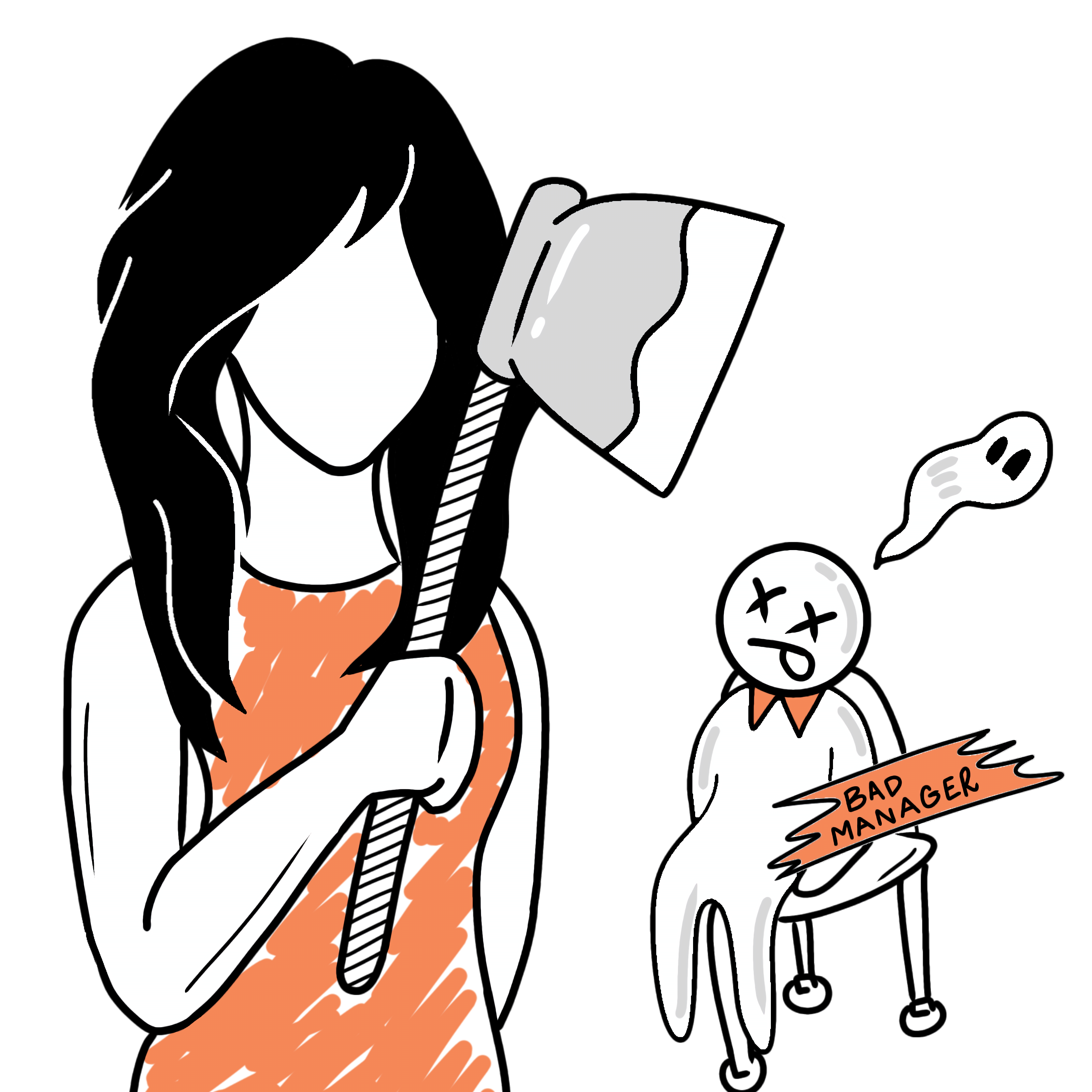 Illustration Of A Girl Holding An Axe Alongside Her Dead Manager